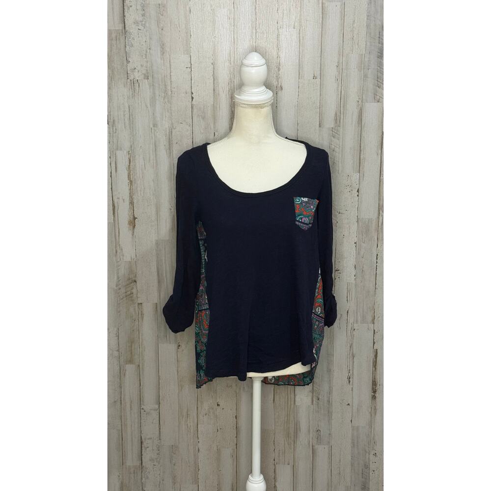 Anthropologie Women's Blue Paisley Pleated Long Sleeve Tee Shirt‎ Medium